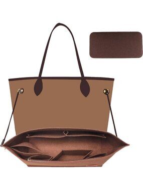 Tote Bag Organizer Insert with Base Shaper, Felt Handbag Zipper Organizer, Brown